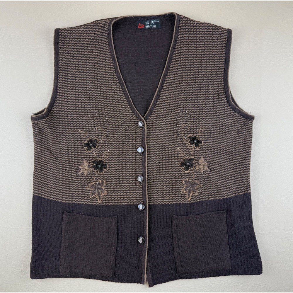 Vintage‎ Floral Embroidered Knit Vest Brown Button Front Yin Tian Medium